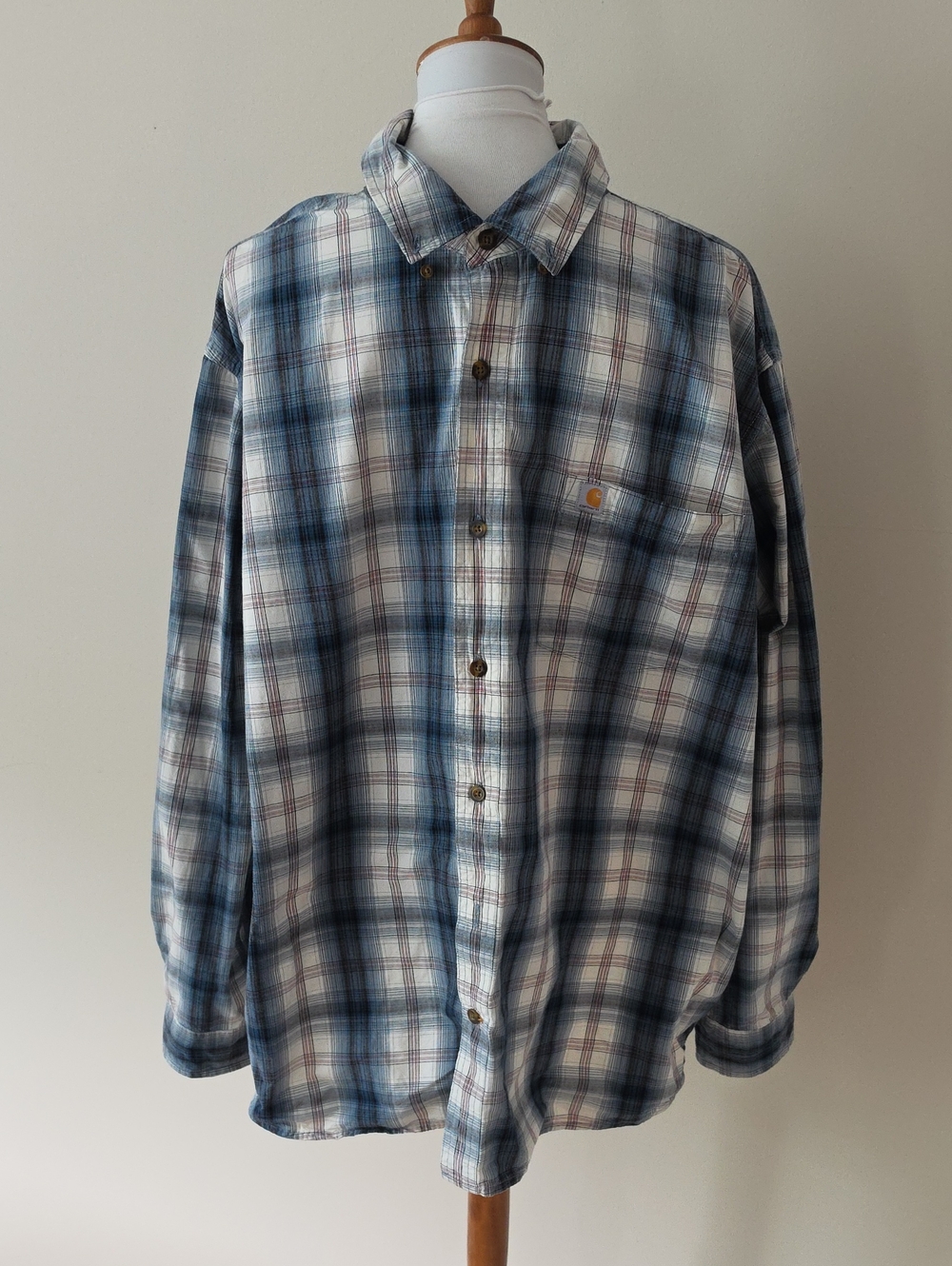 Carhartt Blue and White Plaid Long-Sleeve Button-Down Shirt